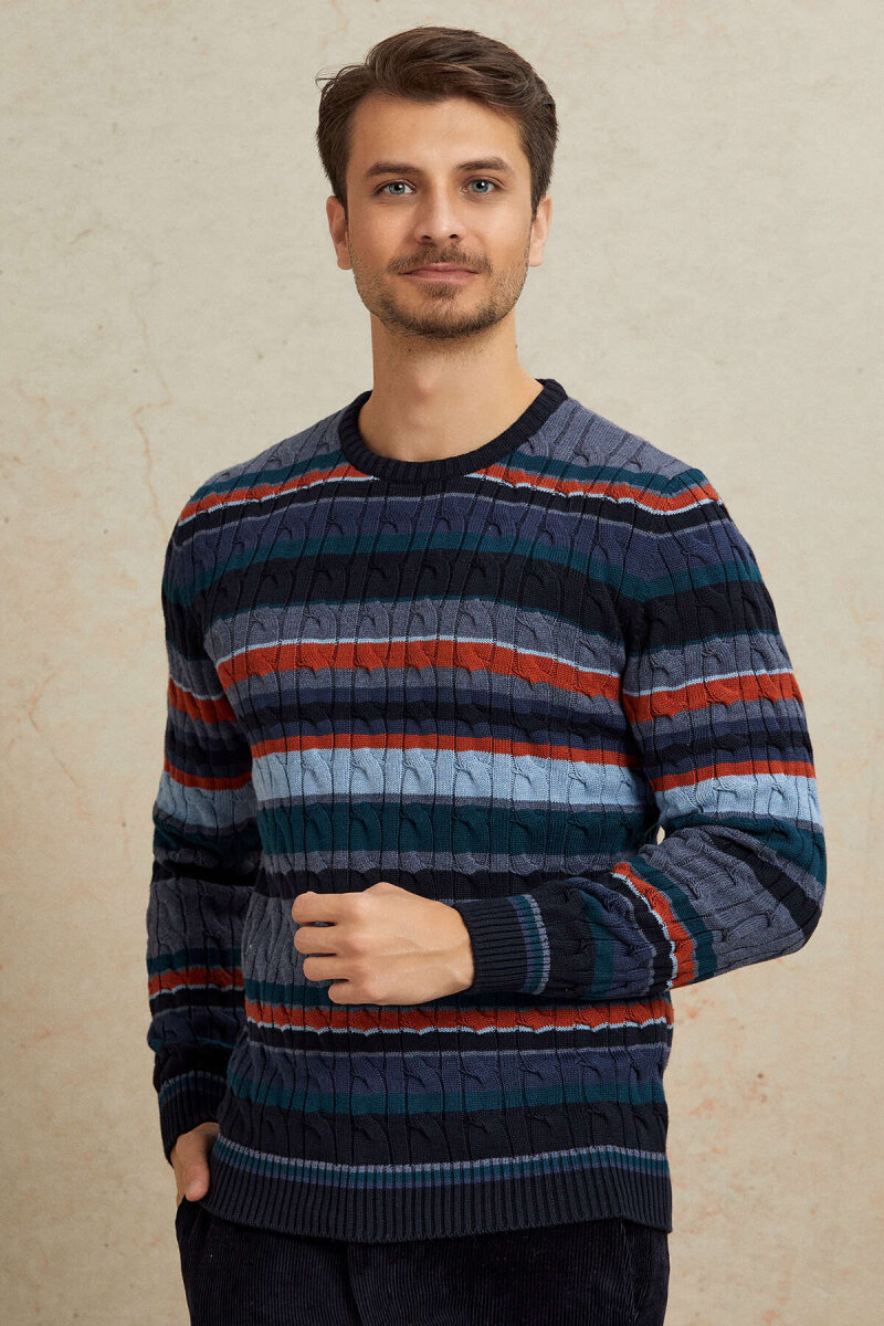 Lacivert %100 Pamuk Yuvarlak Yaka Kazak - 5