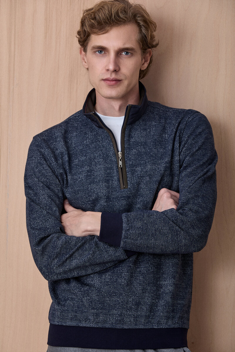 Lacivert Yarım Fermuarlı Esnek Dokulu Sweatshirt