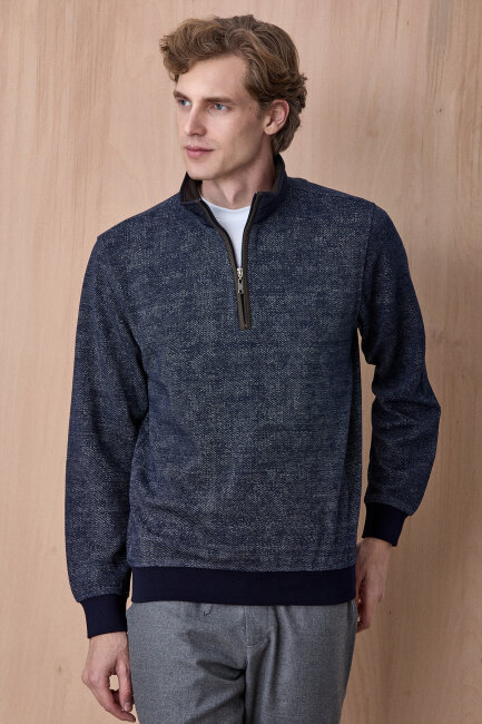 Lacivert Yarım Fermuarlı Esnek Dokulu Sweatshirt - 4