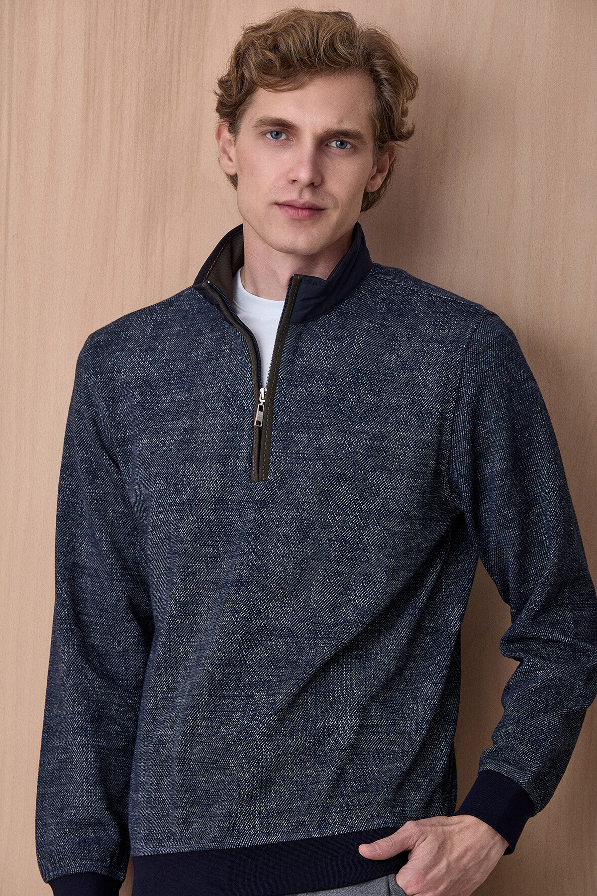 Lacivert Yarım Fermuarlı Esnek Dokulu Sweatshirt - 5