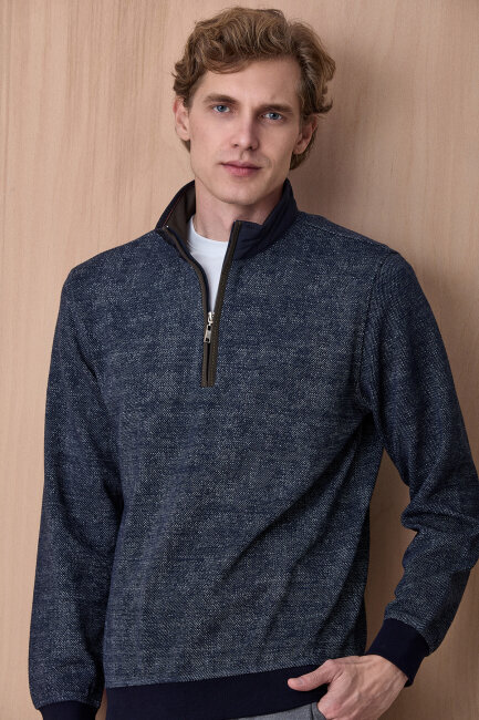 Lacivert Yarım Fermuarlı Esnek Dokulu Sweatshirt - 5