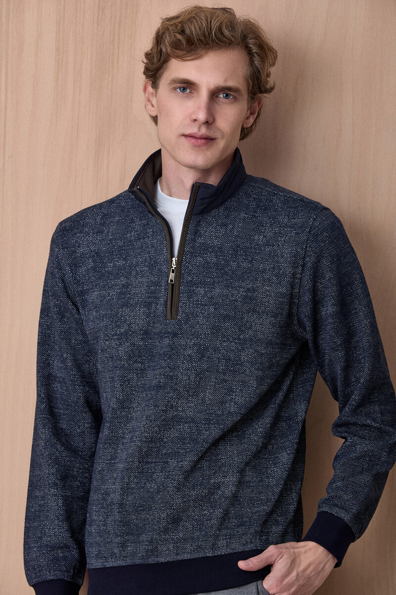 Lacivert Yarım Fermuarlı Esnek Dokulu Sweatshirt - 5