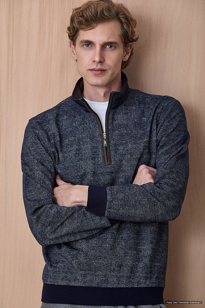 Lacivert Yarım Fermuarlı Esnek Dokulu Sweatshirt