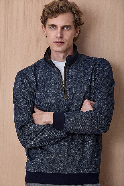 Lacivert Yarım Fermuarlı Esnek Dokulu Sweatshirt - 1