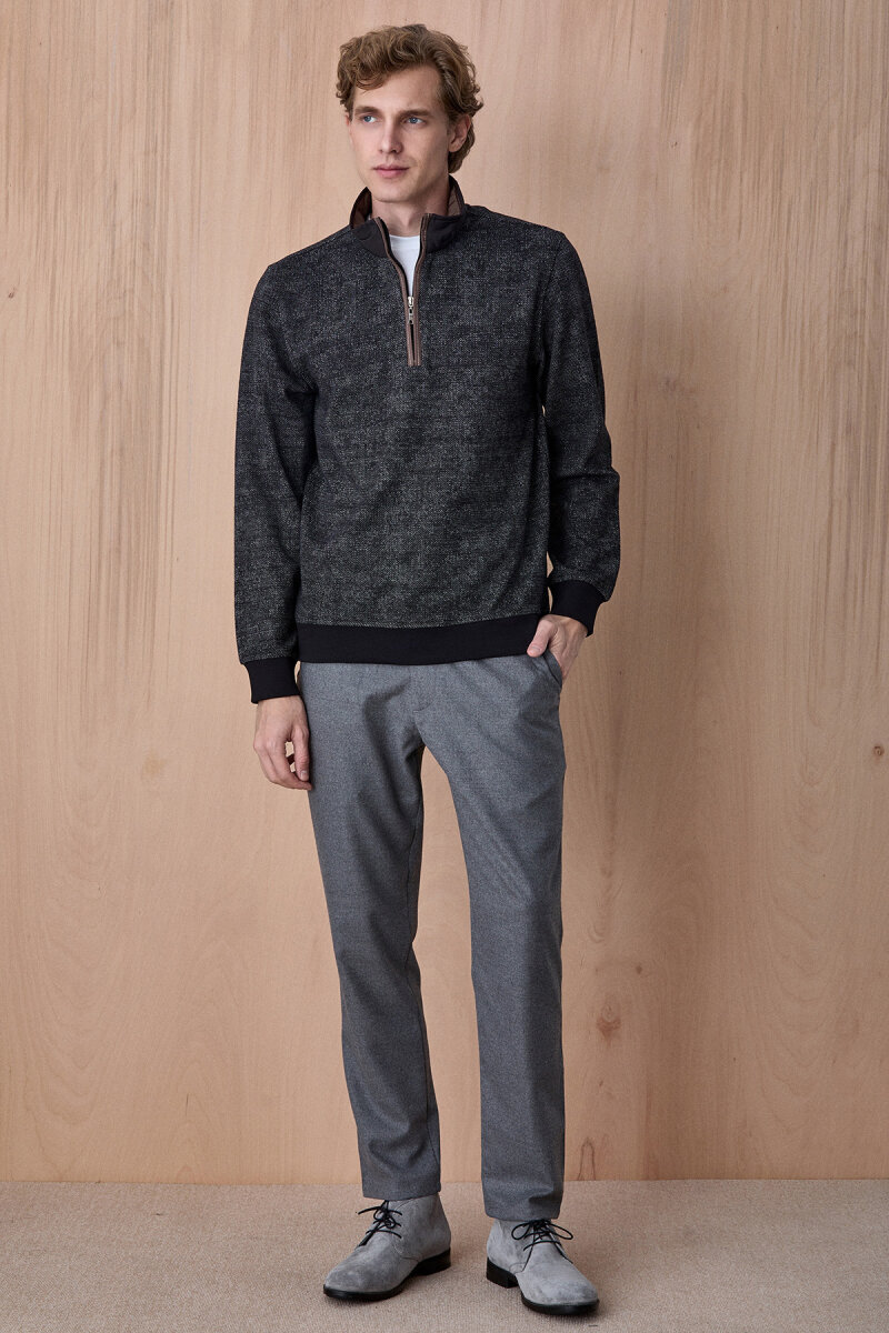 Siyah Yarım Fermuarlı Esnek Dokulu Sweatshirt - 3