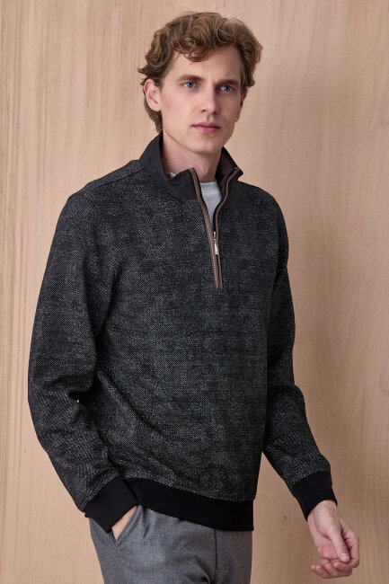 Siyah Yarım Fermuarlı Esnek Dokulu Sweatshirt - 4