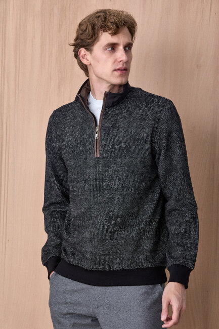 Siyah Yarım Fermuarlı Esnek Dokulu Sweatshirt - 5