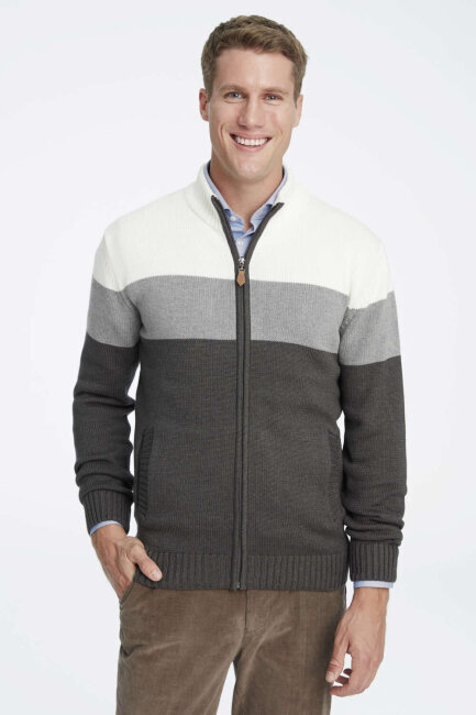 Grey Striped Zip-Up Knit Jacket - 1