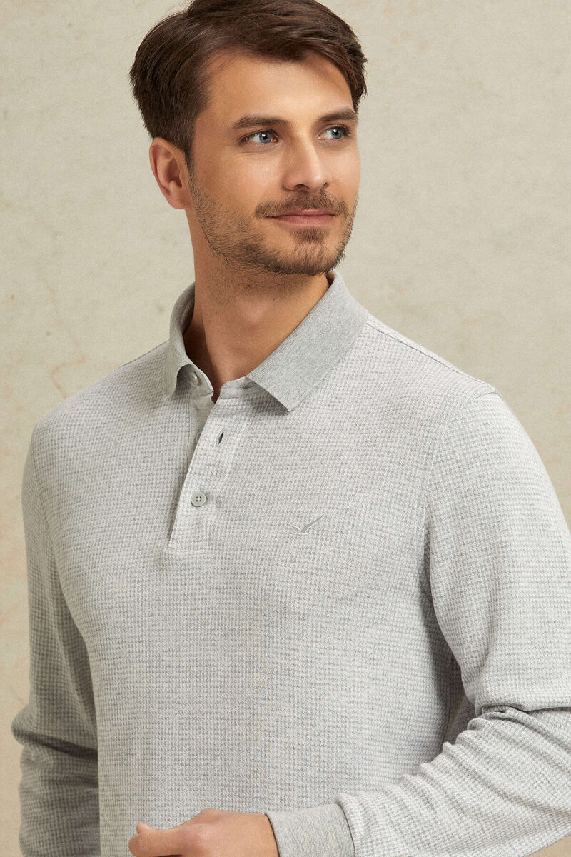 Grey Melange Cotton Polo Sweatshirt - 2