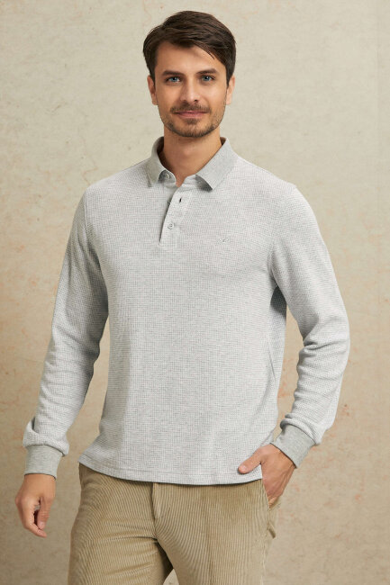 Grey Melange Cotton Polo Sweatshirt - 3