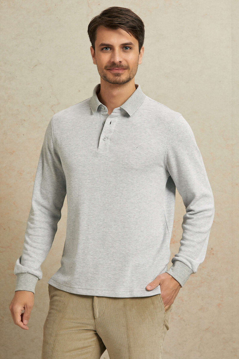 Grey Melange Cotton Polo Sweatshirt - 3