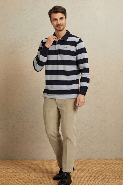 Gri - Lacivert %100 Pamuk Polo Sweatshirt - 3