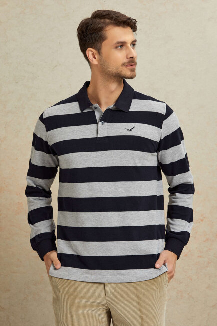 Gri - Lacivert %100 Pamuk Polo Sweatshirt - 5