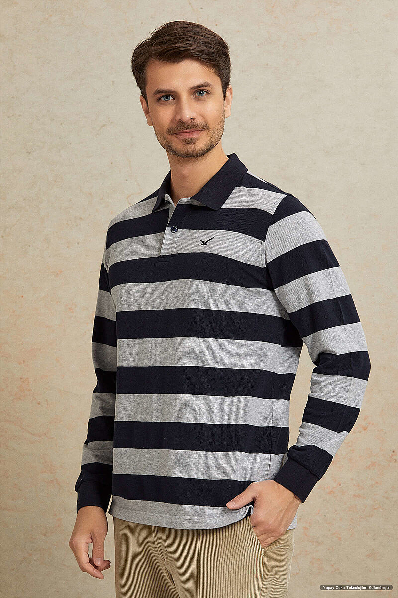 Gri - Lacivert %100 Pamuk Polo Sweatshirt (1)