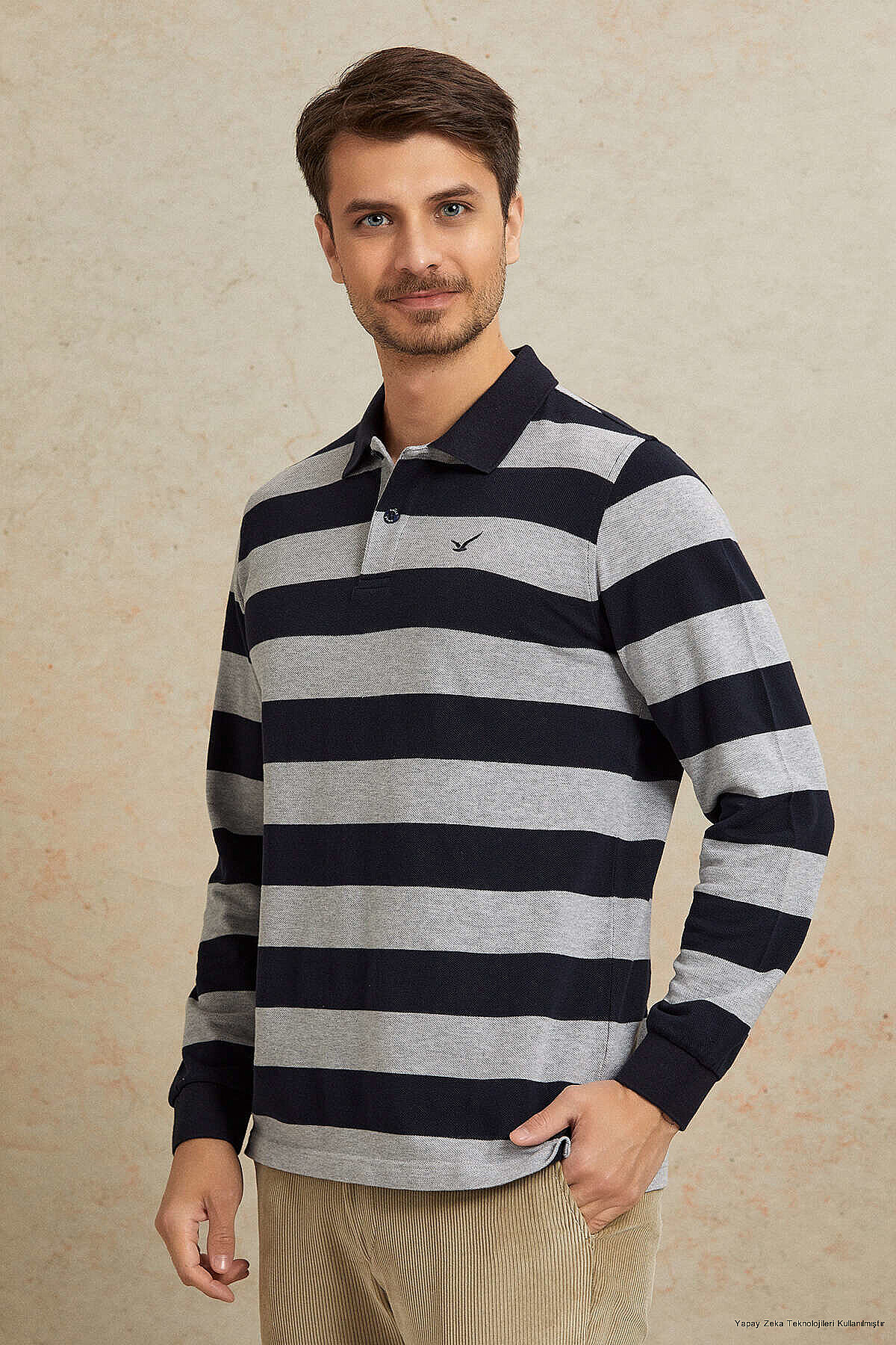 Gri - Lacivert %100 Pamuk Polo Sweatshirt - 1