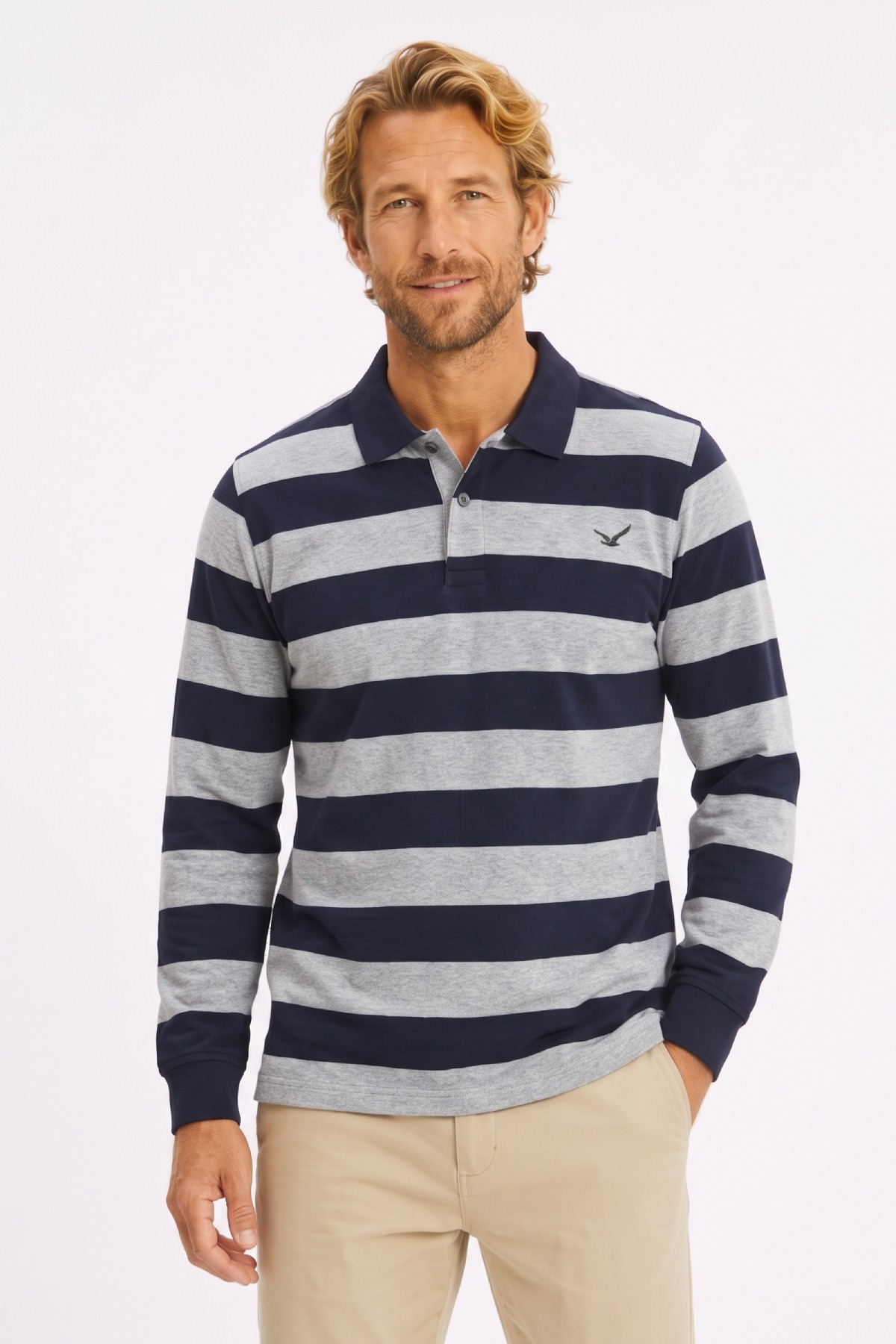 Gri - Lacivert %100 Pamuk Polo Sweatshirt - 1