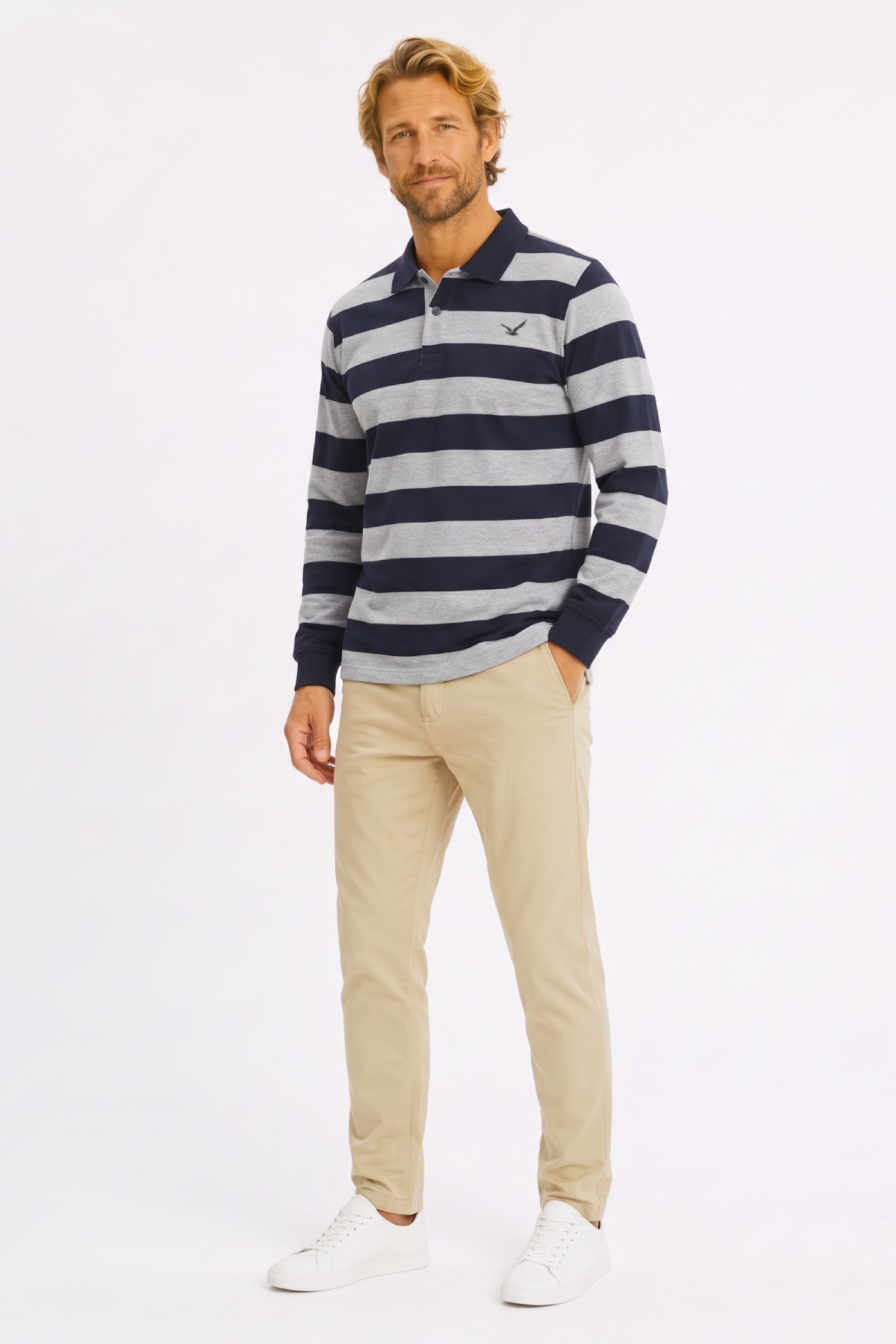 Gri - Lacivert %100 Pamuk Polo Sweatshirt - 2