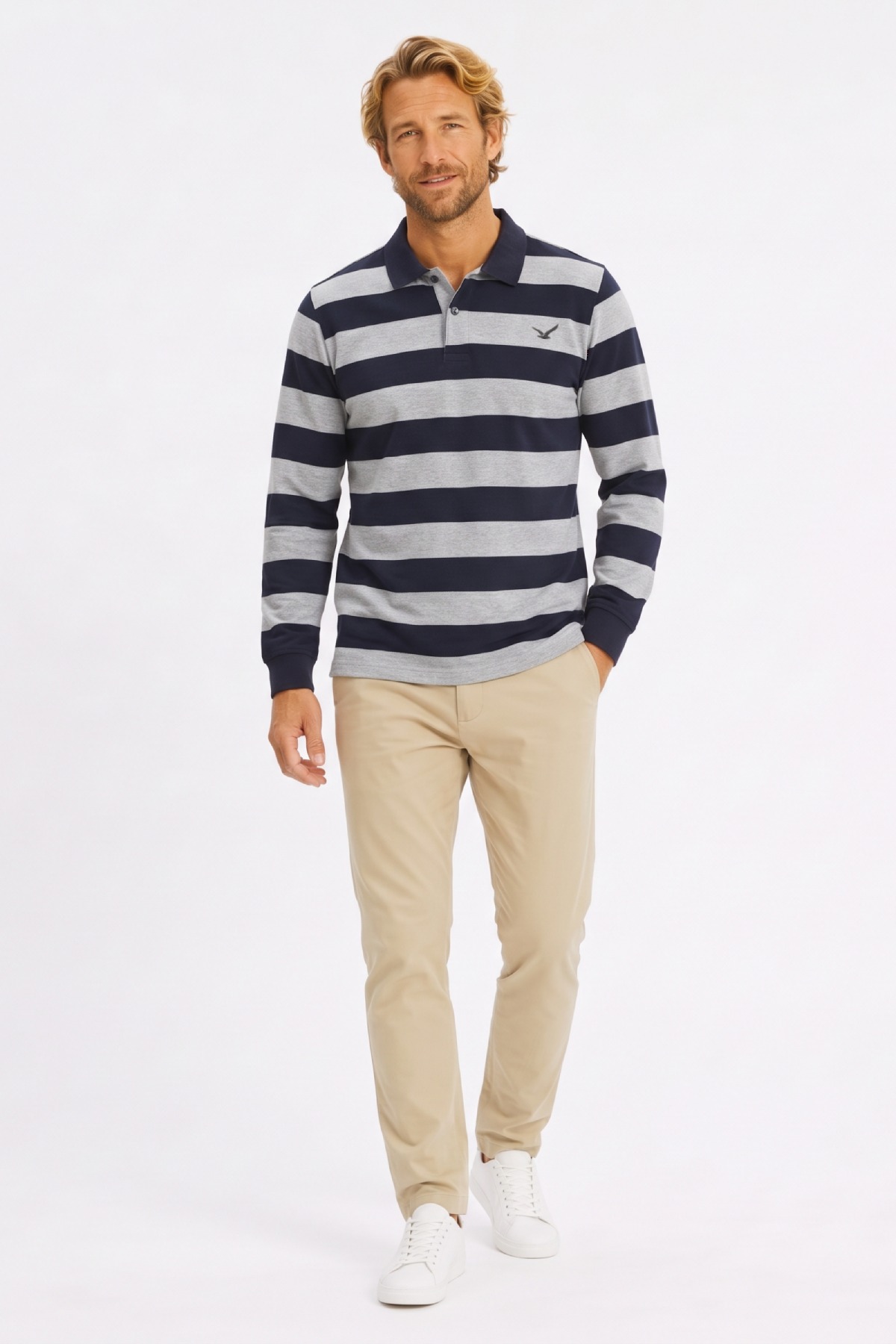 Gri - Lacivert %100 Pamuk Polo Sweatshirt - 3