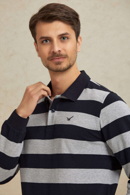 Gri - Lacivert %100 Pamuk Polo Sweatshirt - 2