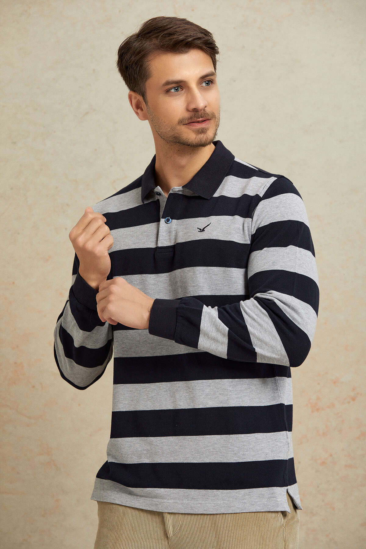 Gri - Lacivert %100 Pamuk Polo Sweatshirt - 4