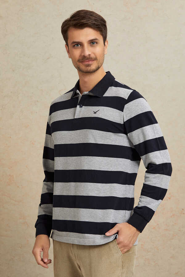 Gri - Lacivert %100 Pamuk Polo Sweatshirt