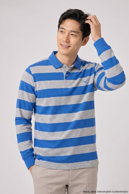 Gri - Sax %100 Pamuk Polo Sweatshirt - 1