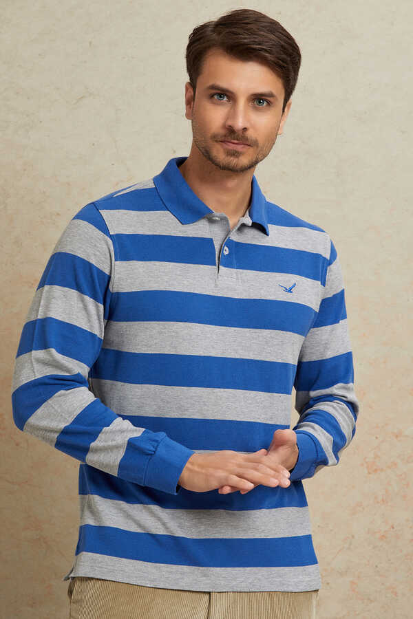 Gri - Sax %100 Pamuk Polo Sweatshirt