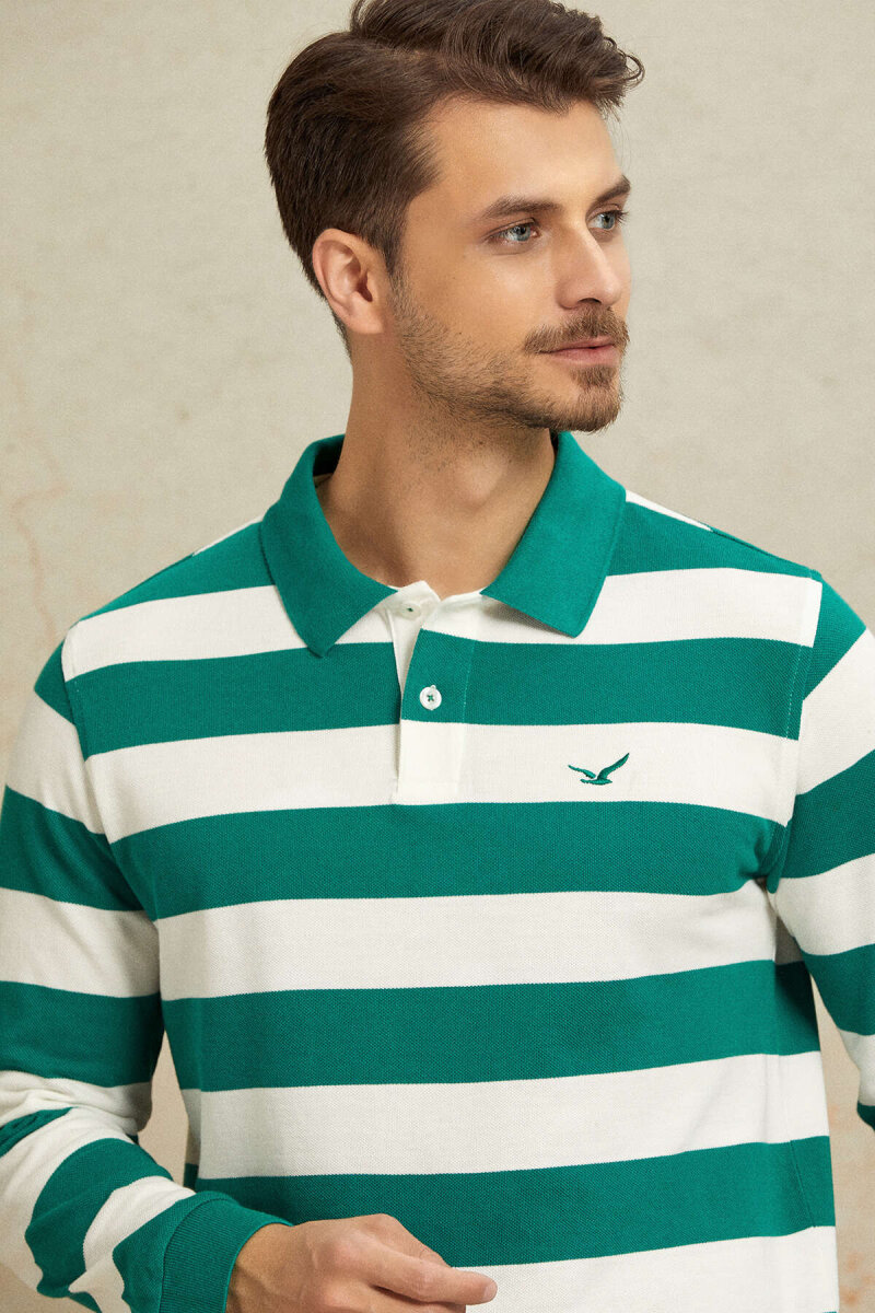 Kırık Beyaz - Yeşil %100 Pamuk Polo Sweatshirt (1)