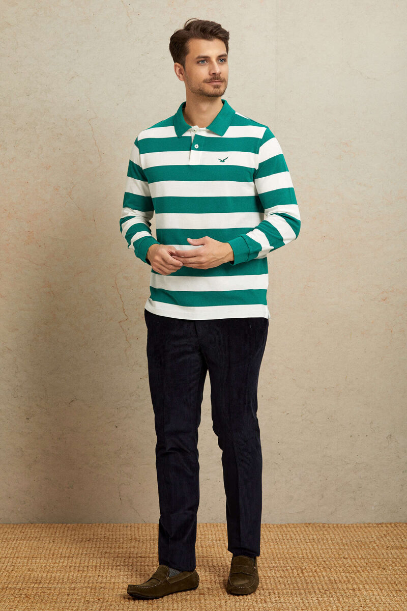 Kırık Beyaz - Yeşil %100 Pamuk Polo Sweatshirt - 3