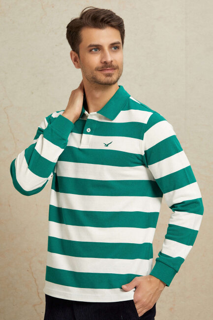 Kırık Beyaz - Yeşil %100 Pamuk Polo Sweatshirt - 5