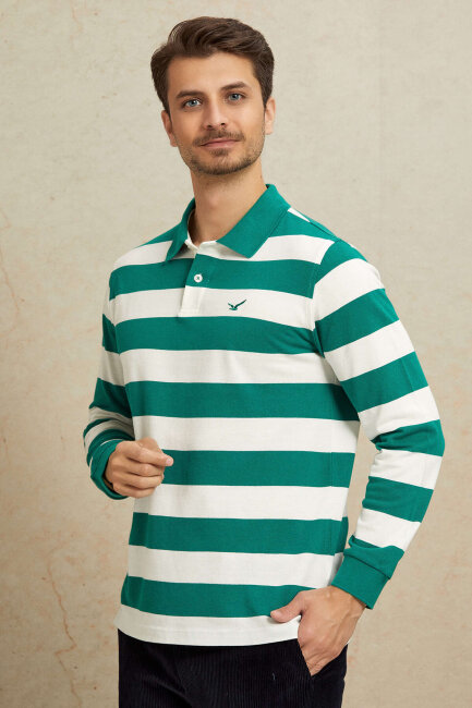 Kırık Beyaz - Yeşil %100 Pamuk Polo Sweatshirt - 6