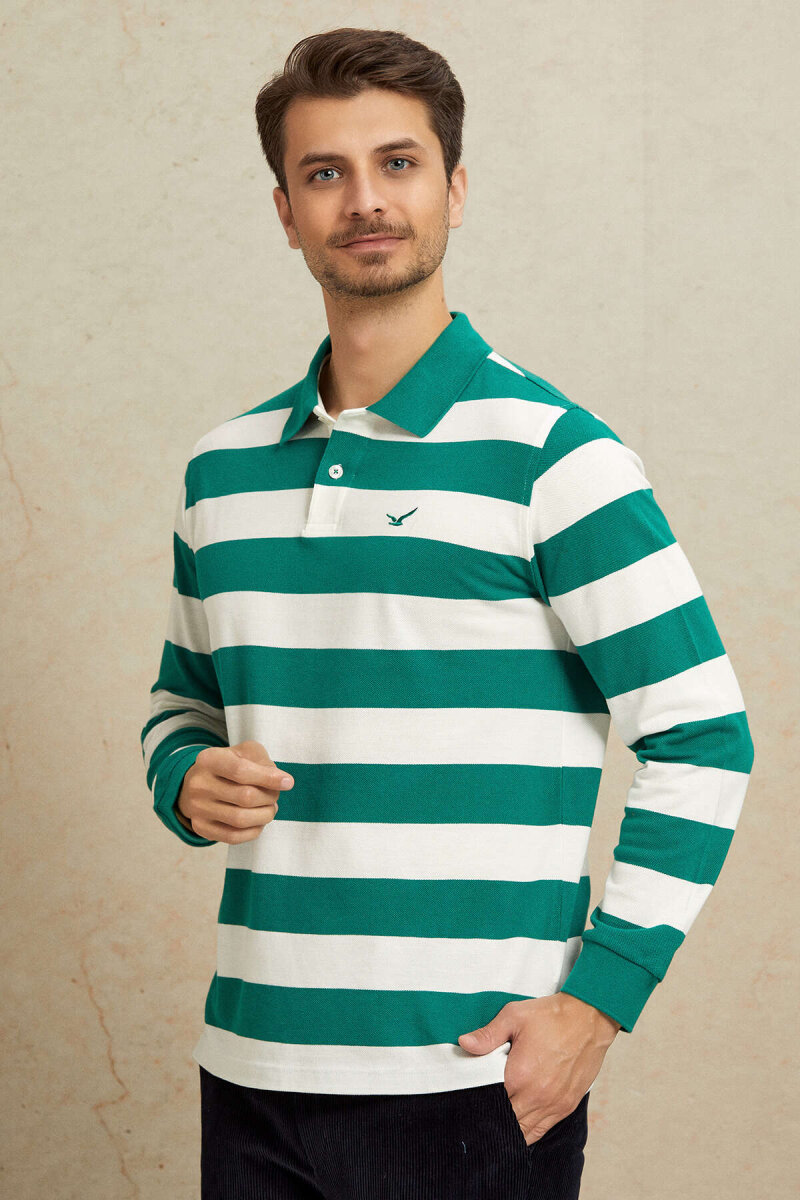 Kırık Beyaz - Yeşil %100 Pamuk Polo Sweatshirt - 6