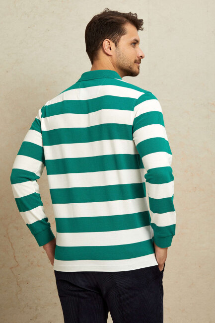 Kırık Beyaz - Yeşil %100 Pamuk Polo Sweatshirt - 7