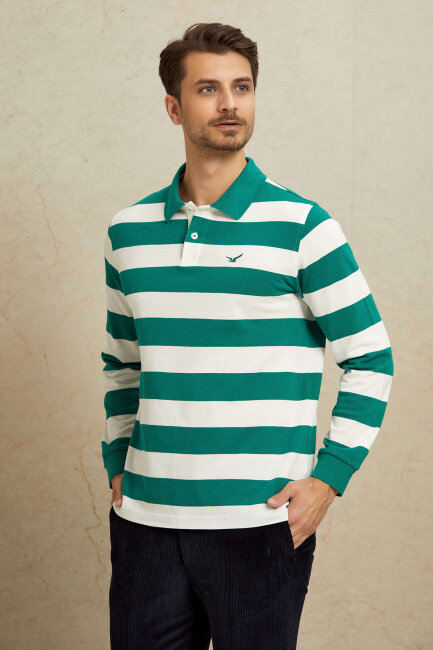 Kırık Beyaz - Yeşil %100 Pamuk Polo Sweatshirt - 4