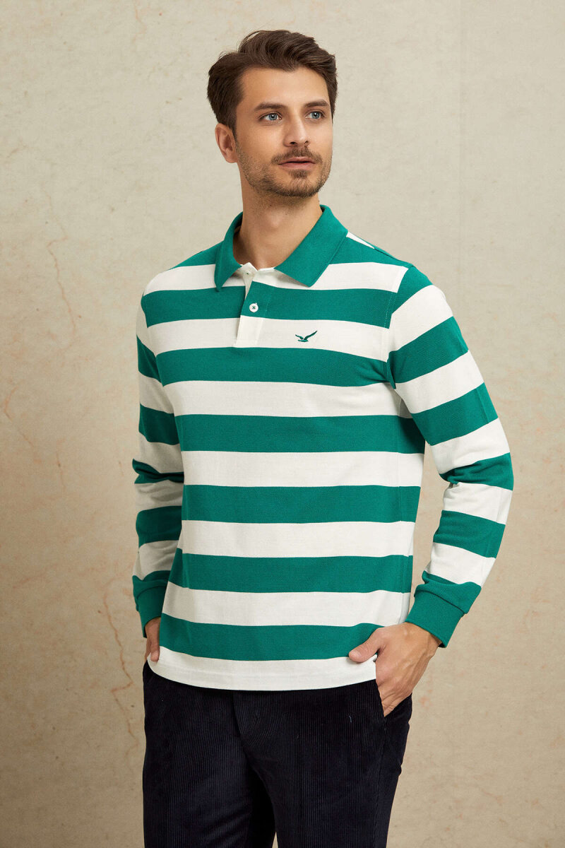 Kırık Beyaz - Yeşil %100 Pamuk Polo Sweatshirt - 4