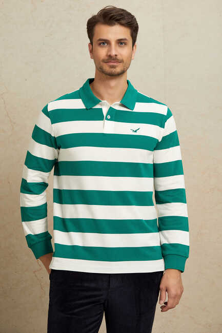 Kırık Beyaz - Yeşil %100 Pamuk Polo Sweatshirt - 1