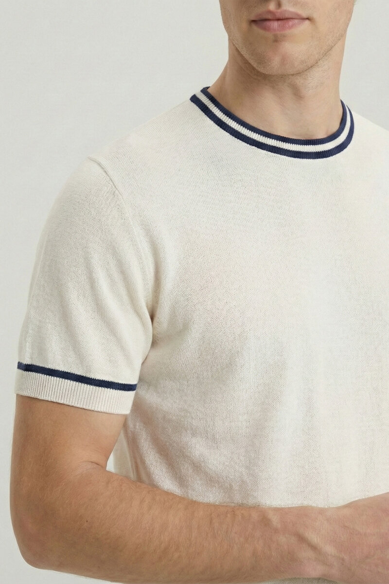 Kırık Beyaz Bisiklet Yaka Triko Tişört - 3