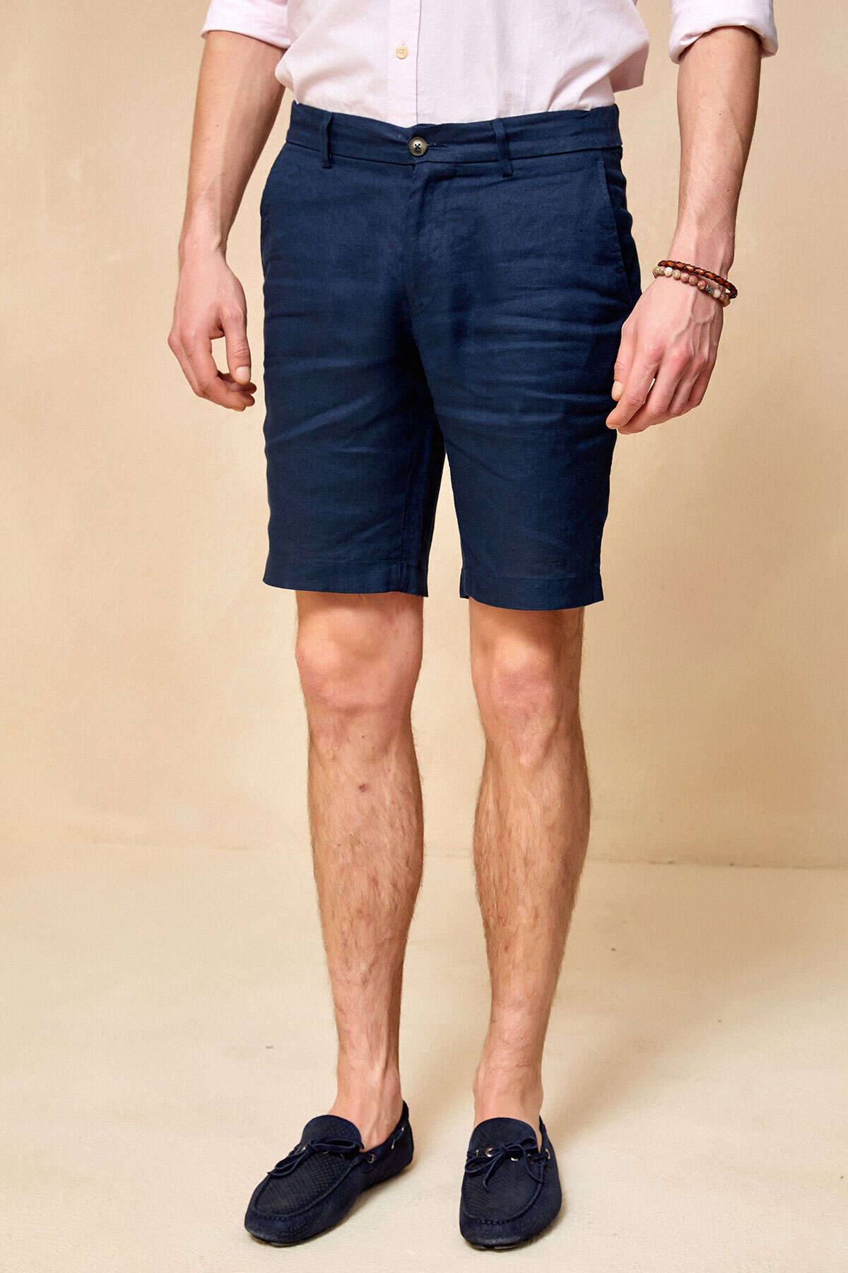 Navy Blue 100% Linen Bermuda Shorts - 1