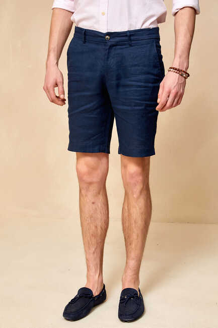 Navy Blue 100% Linen Bermuda Shorts 