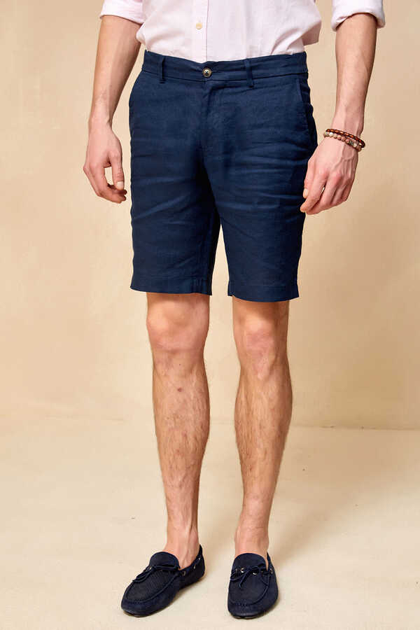 Navy Blue 100% Linen Bermuda Shorts