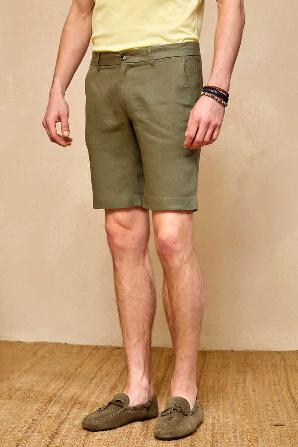 Khaki 100% Linen Bermuda Shorts - 1