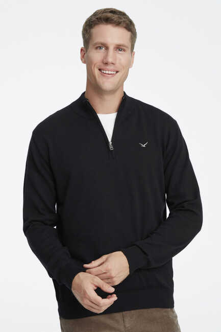 Black 100% Cotton Short Zip Sweater - 1