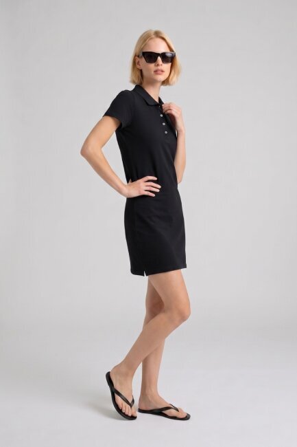 Siyah %100 Pamuk Polo Elbise - 2