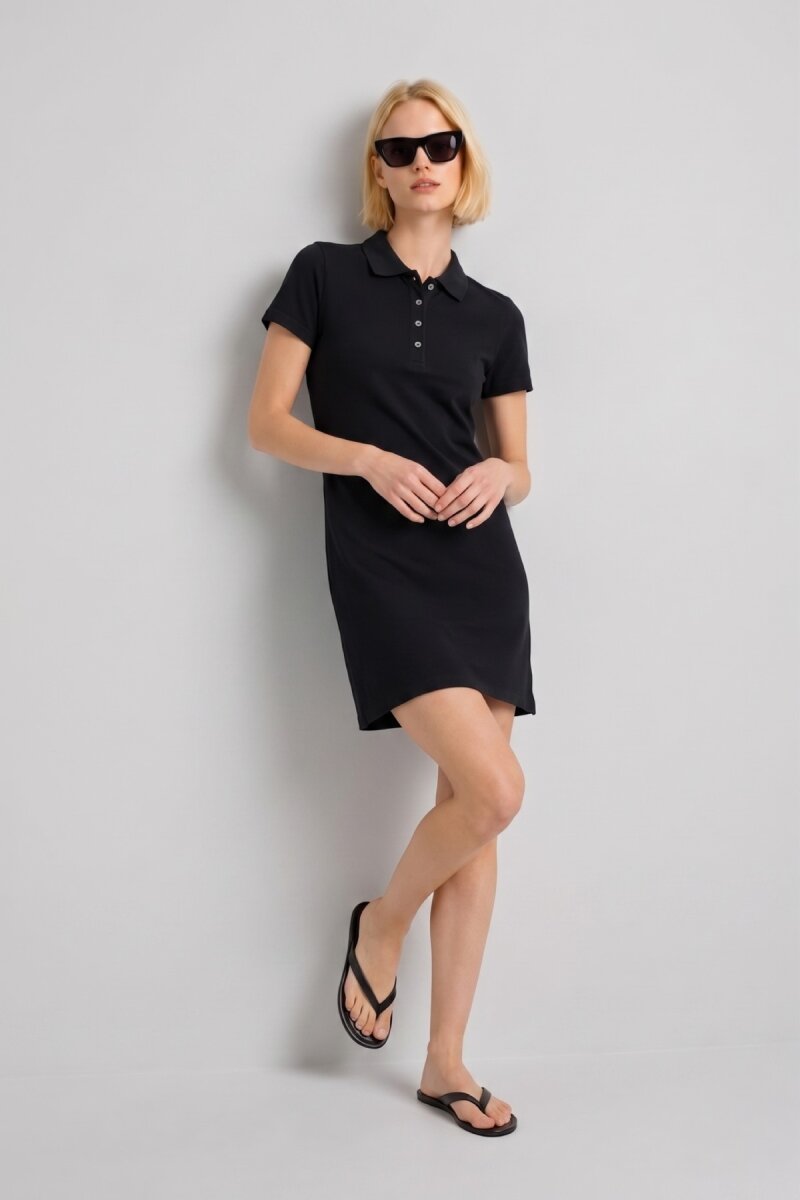 Siyah %100 Pamuk Polo Elbise - 1