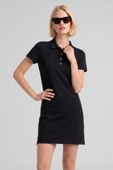 Siyah %100 Pamuk Polo Elbise - 3