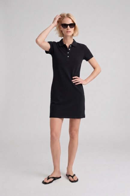 Siyah %100 Pamuk Polo Elbise - 4