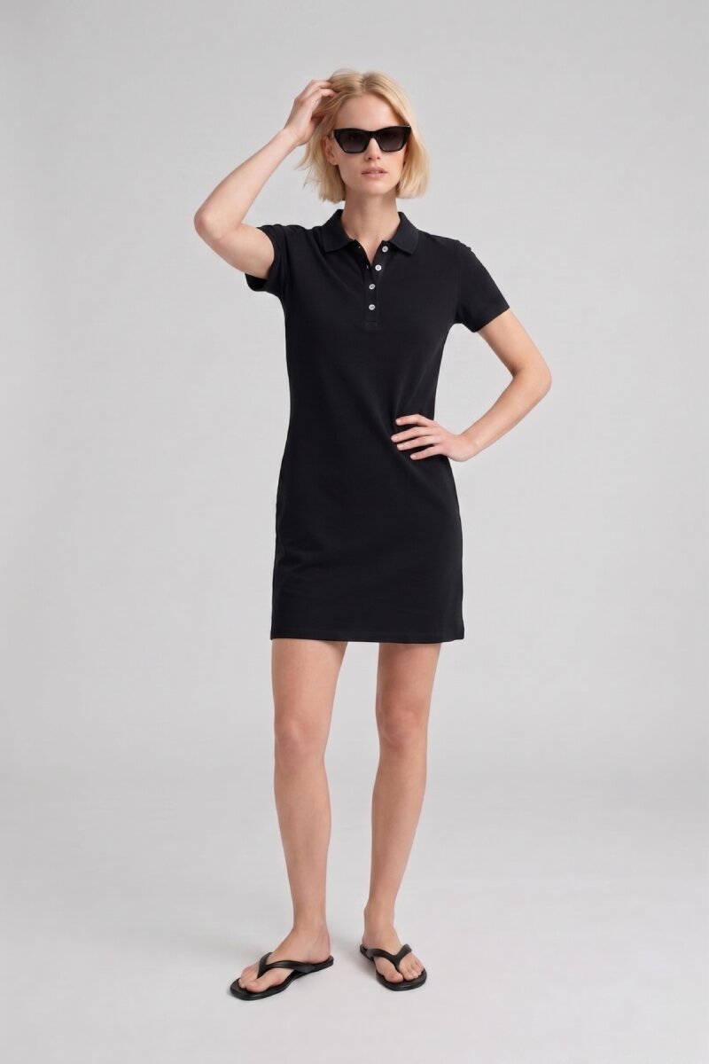 Siyah %100 Pamuk Polo Elbise - 4