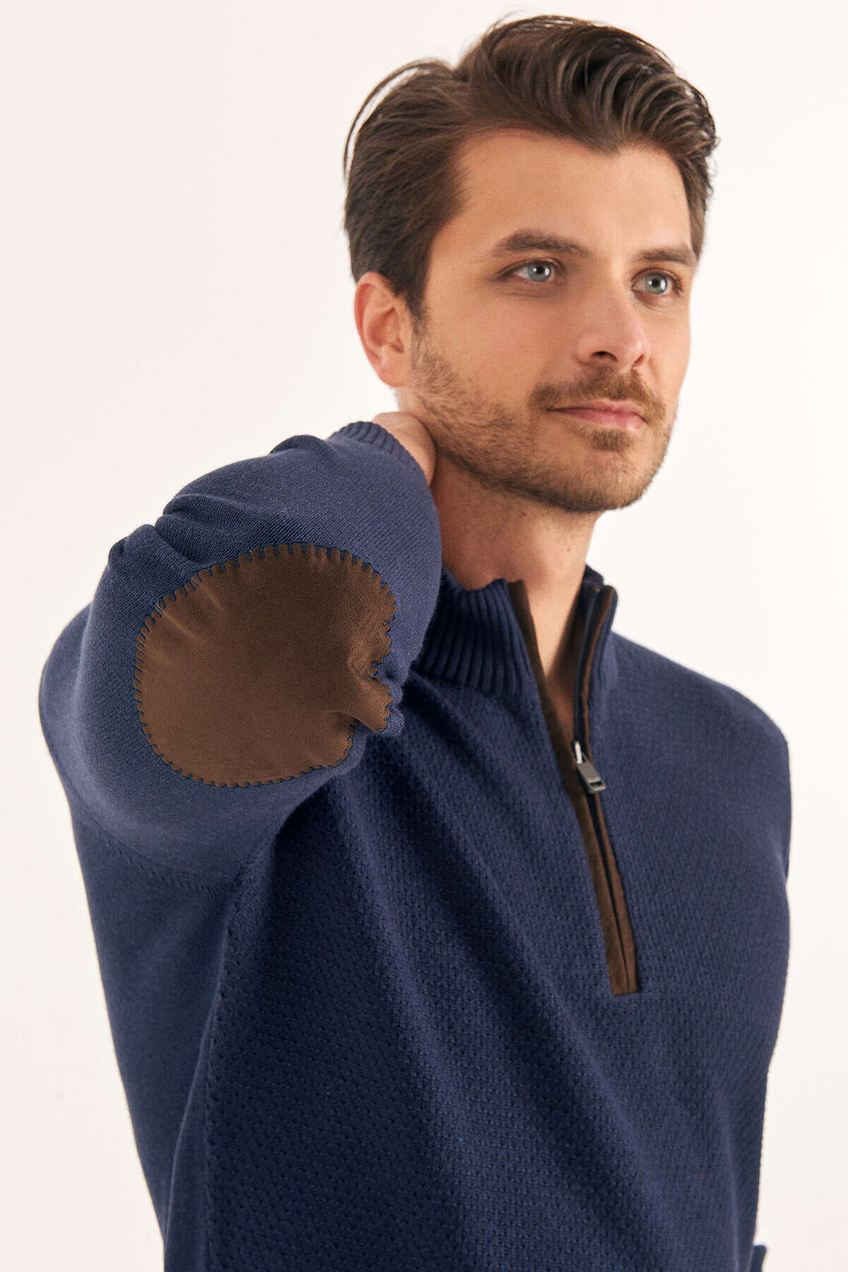 Açık Lacivert %100 Pamuk Kısa Fermuarlı Kazak - 4