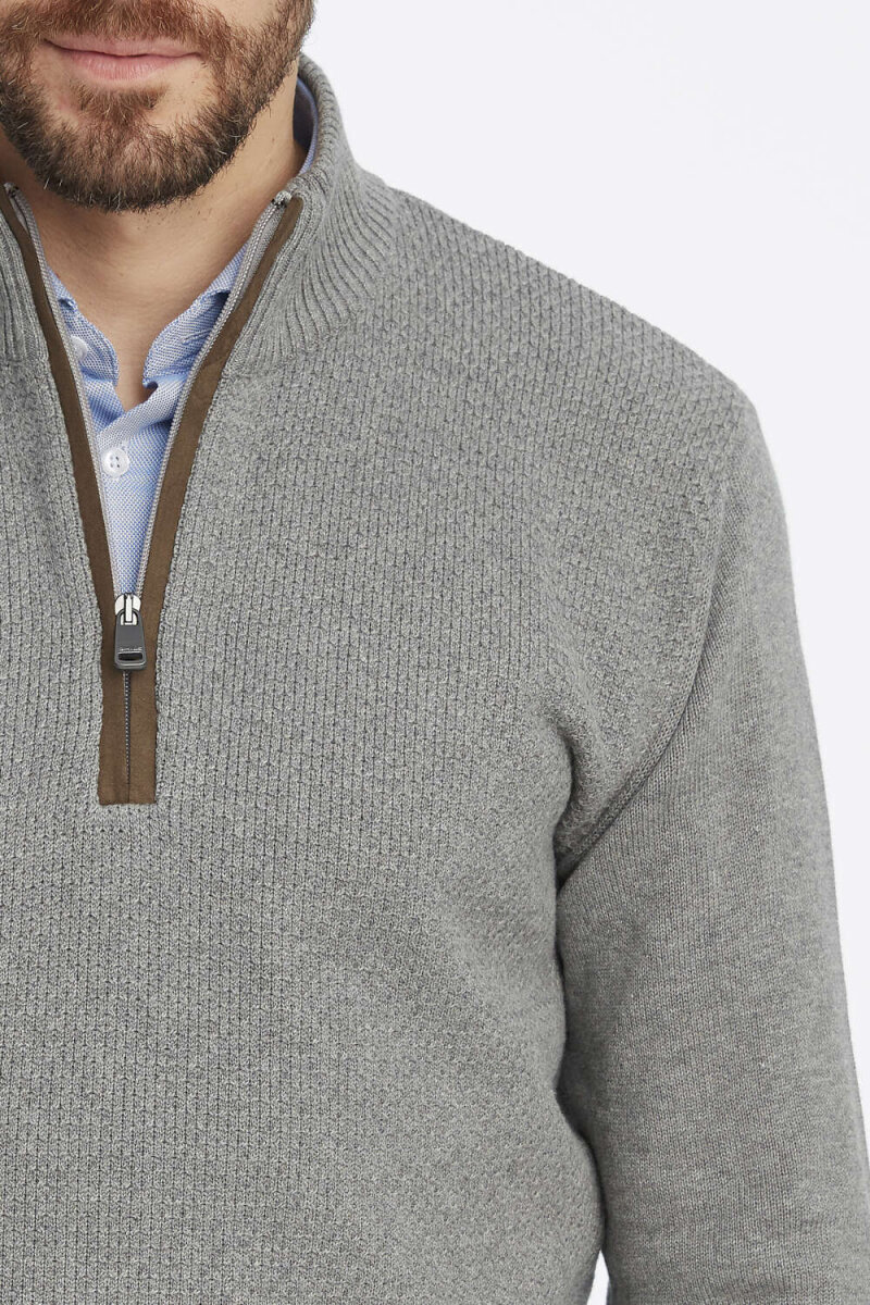 Grey Melange 100% Cotton Short Zip-Up Sweater - 3