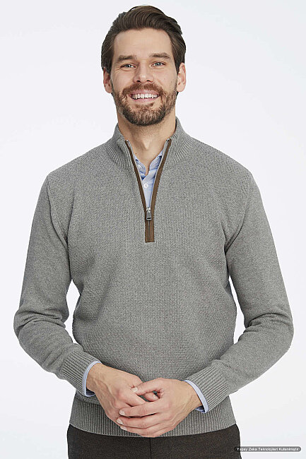 Grey Melange 100% Cotton Short Zip-Up Sweater